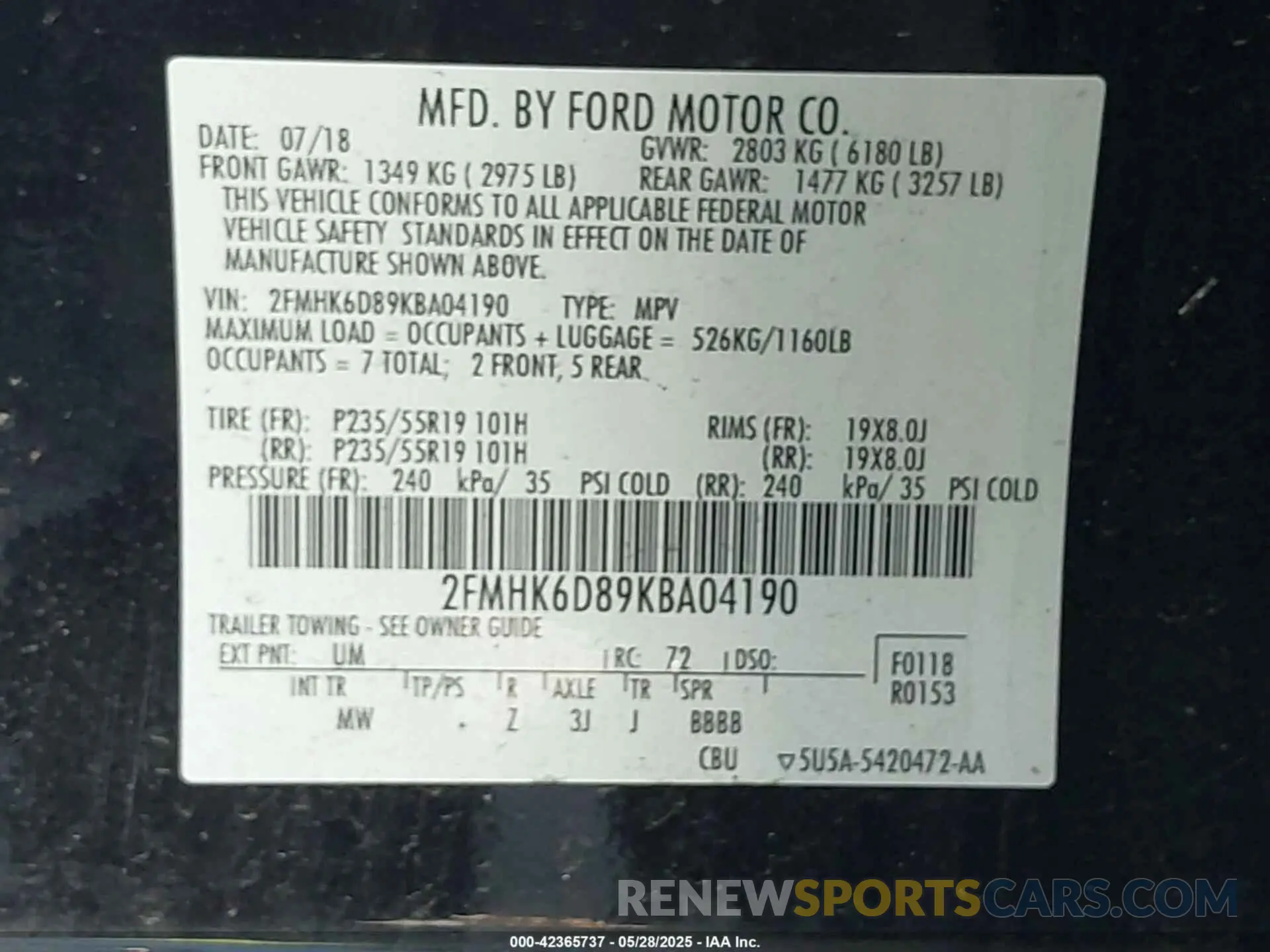 9 Photograph of a damaged car 2FMHK6D89KBA04190 FORD FLEX 2019
