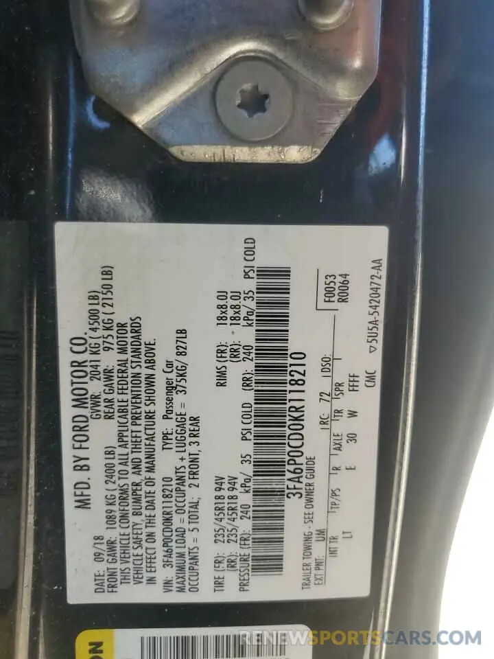 12 Photograph of a damaged car 3FA6P0CD0KR118210 FORD FUSION 2019