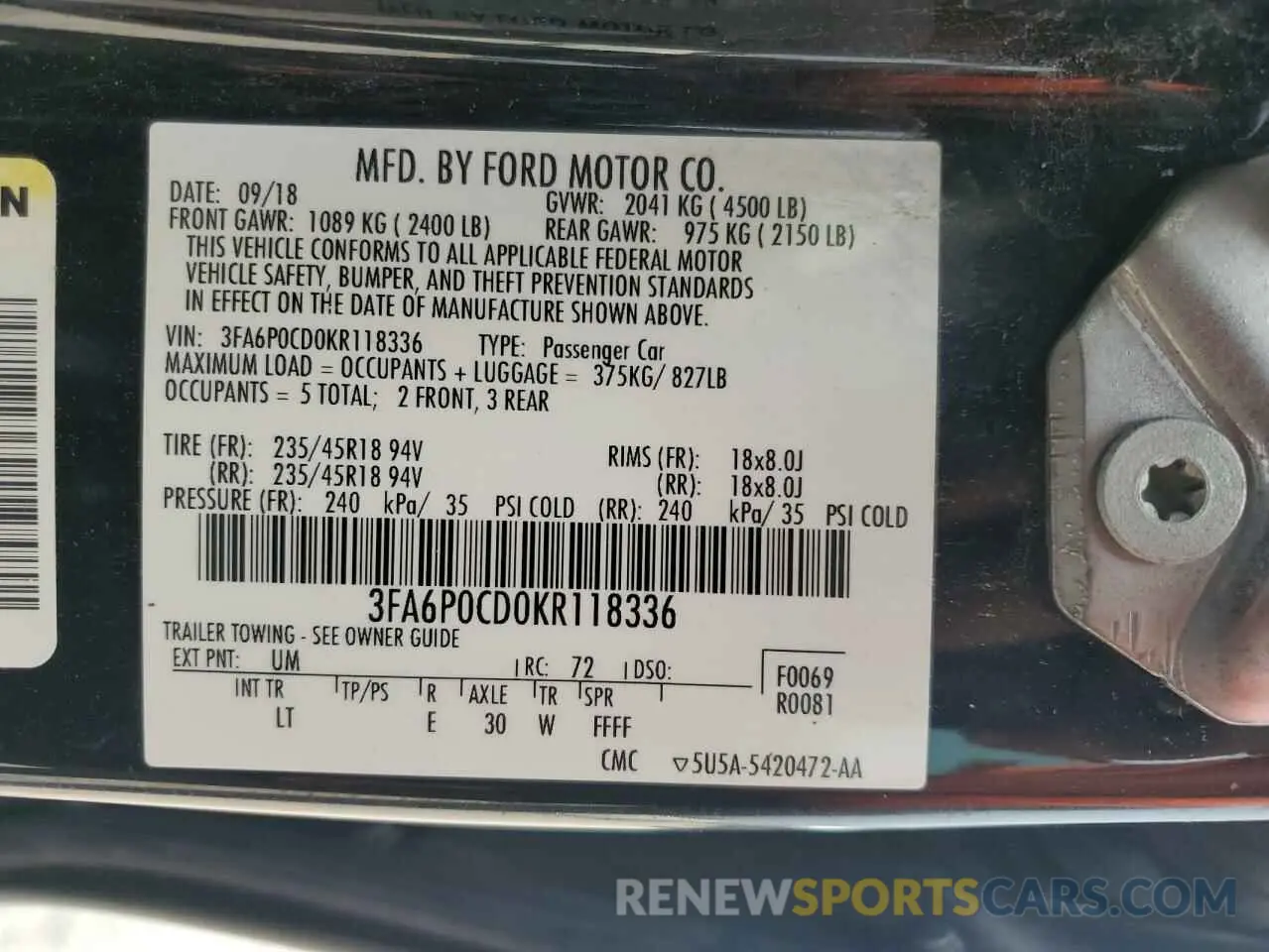 12 Photograph of a damaged car 3FA6P0CD0KR118336 FORD FUSION 2019