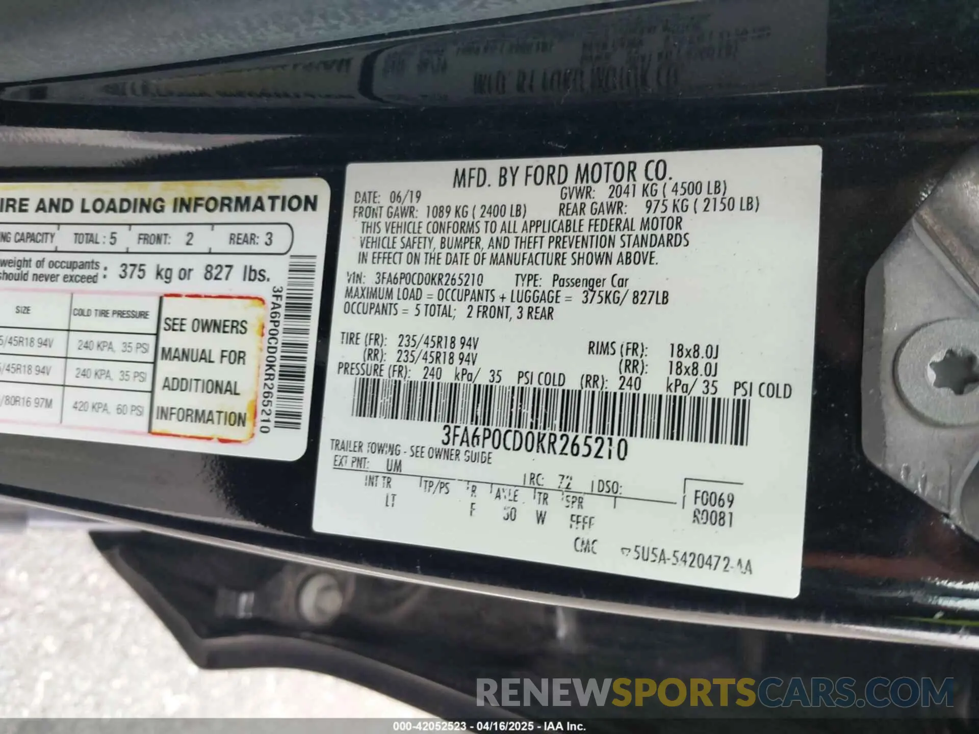 9 Photograph of a damaged car 3FA6P0CD0KR265210 FORD FUSION 2019