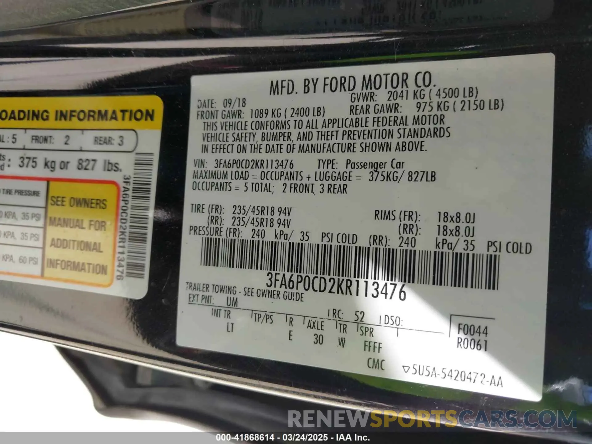 9 Photograph of a damaged car 3FA6P0CD2KR113476 FORD FUSION 2019