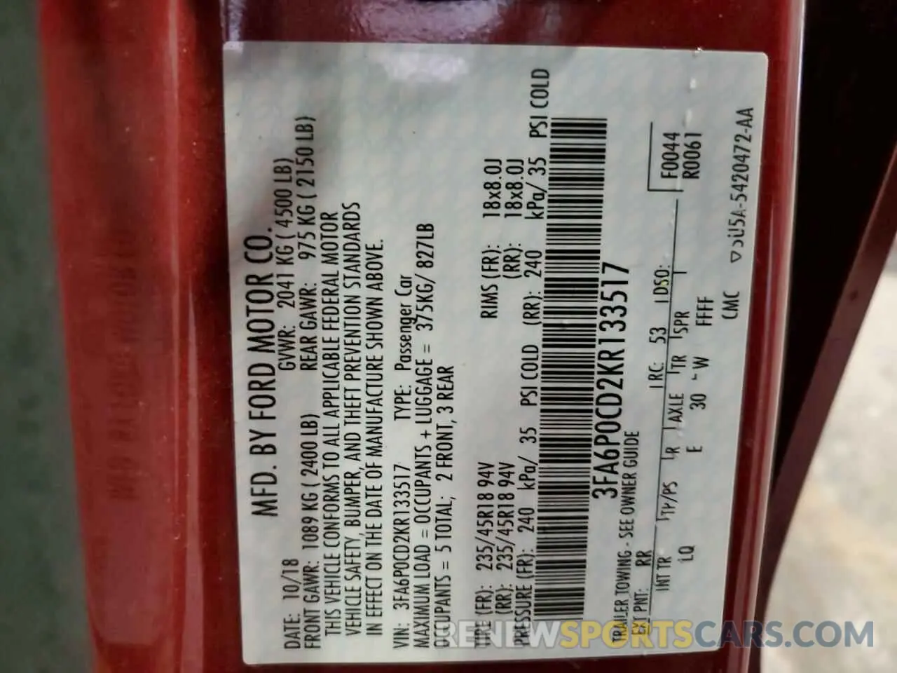 12 Photograph of a damaged car 3FA6P0CD2KR133517 FORD FUSION 2019