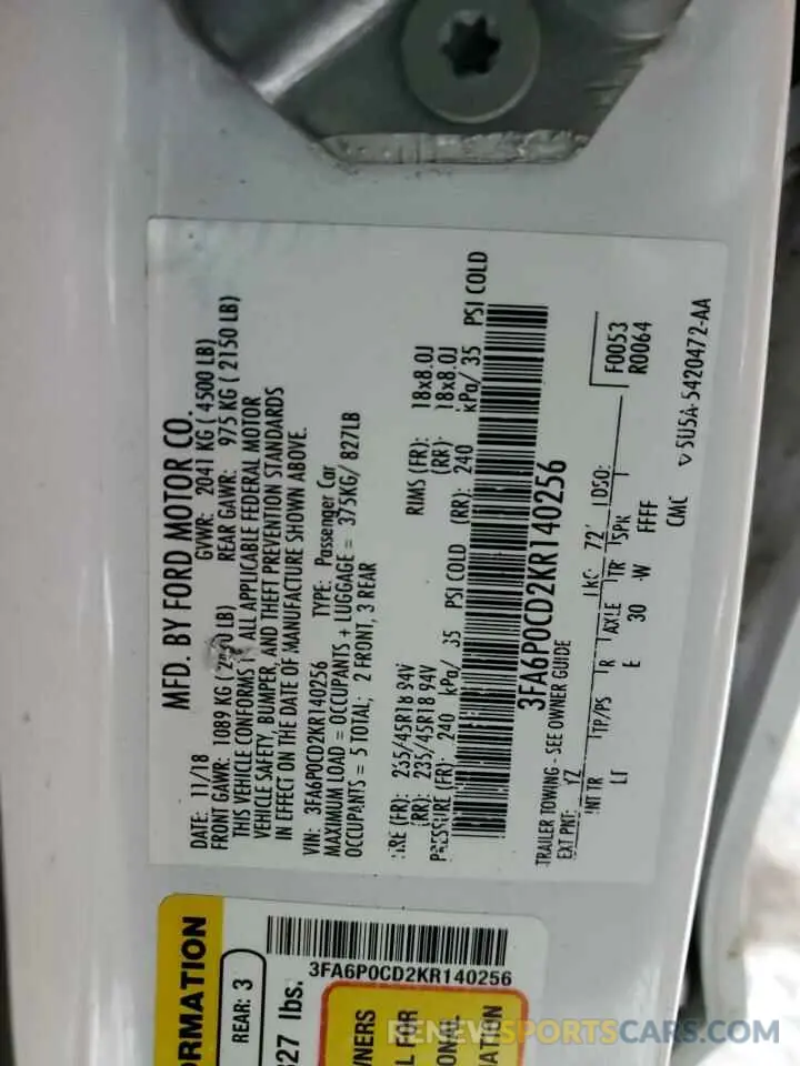 12 Photograph of a damaged car 3FA6P0CD2KR140256 FORD FUSION 2019