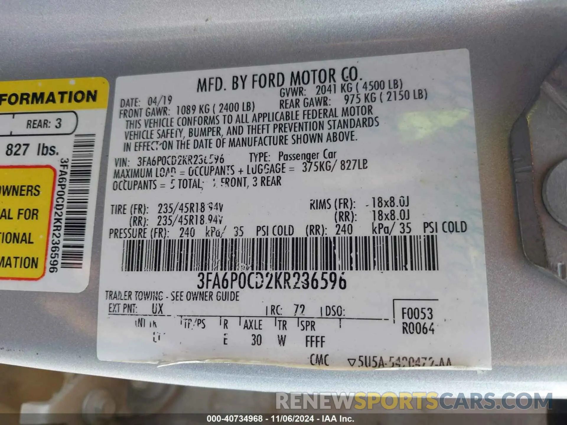 9 Photograph of a damaged car 3FA6P0CD2KR236596 FORD FUSION 2019