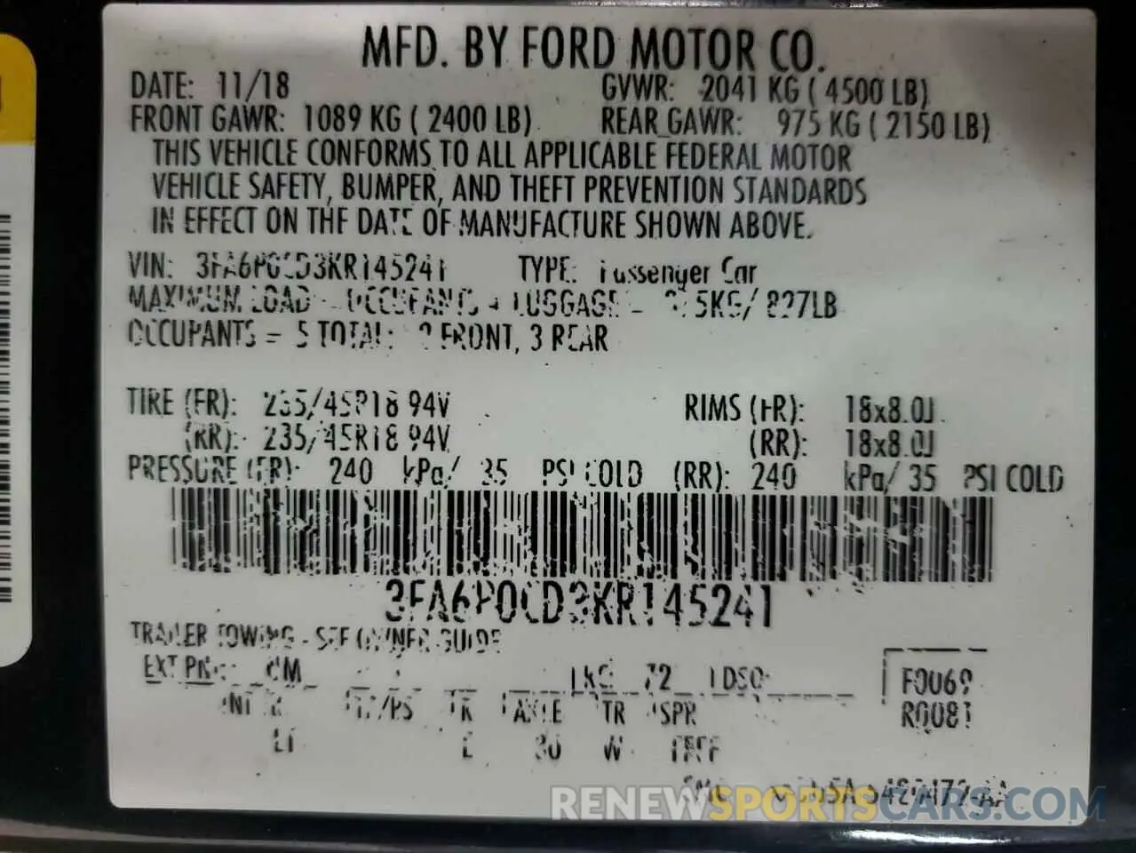 12 Photograph of a damaged car 3FA6P0CD3KR145241 FORD FUSION 2019