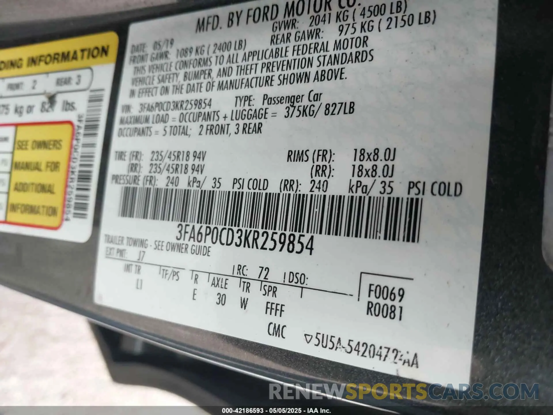 9 Photograph of a damaged car 3FA6P0CD3KR259854 FORD FUSION 2019