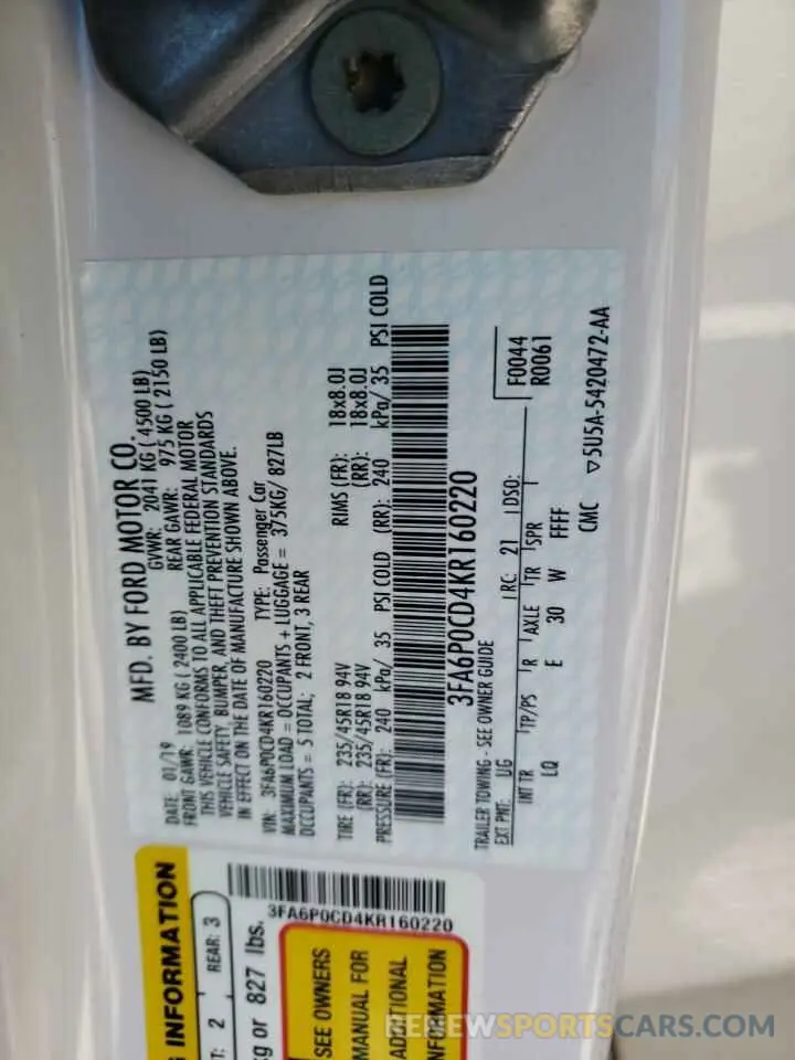 12 Photograph of a damaged car 3FA6P0CD4KR160220 FORD FUSION 2019