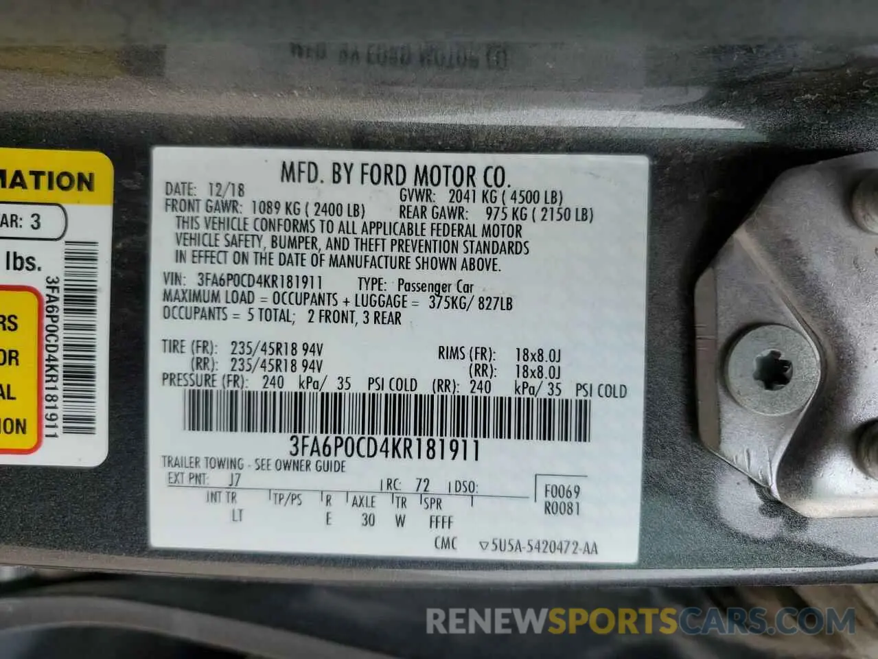 12 Photograph of a damaged car 3FA6P0CD4KR181911 FORD FUSION 2019
