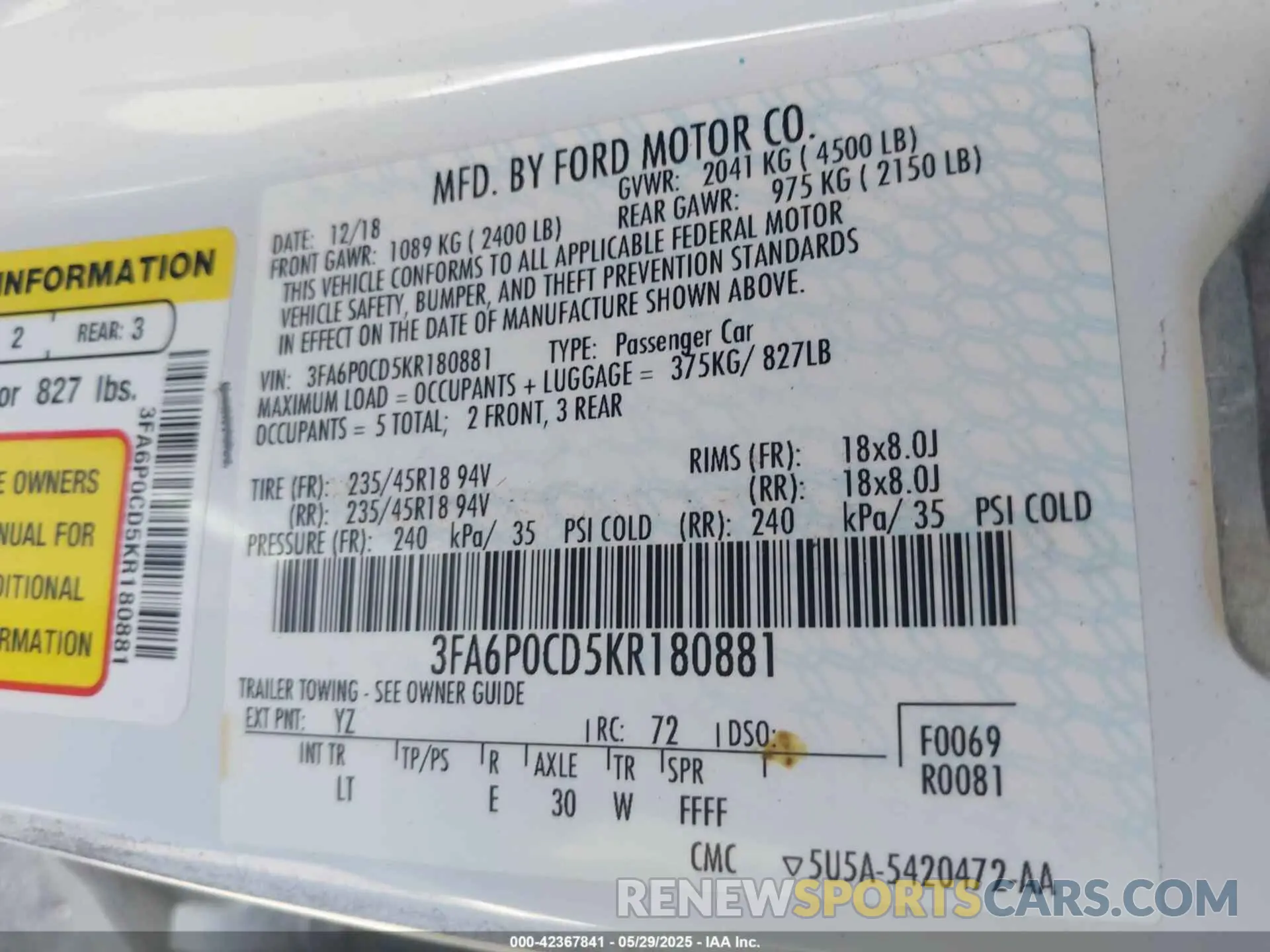 9 Photograph of a damaged car 3FA6P0CD5KR180881 FORD FUSION 2019