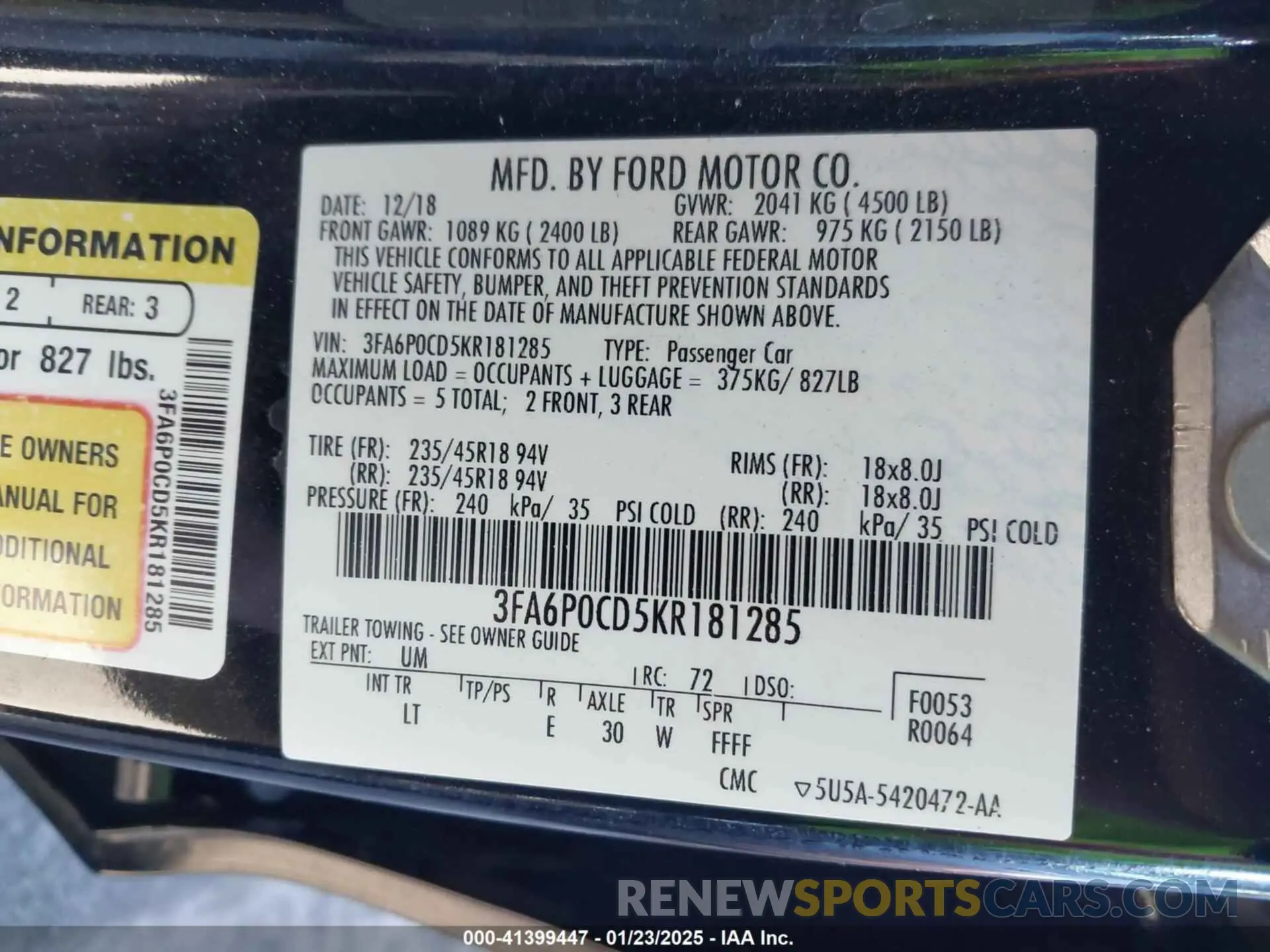 9 Photograph of a damaged car 3FA6P0CD5KR181285 FORD FUSION 2019