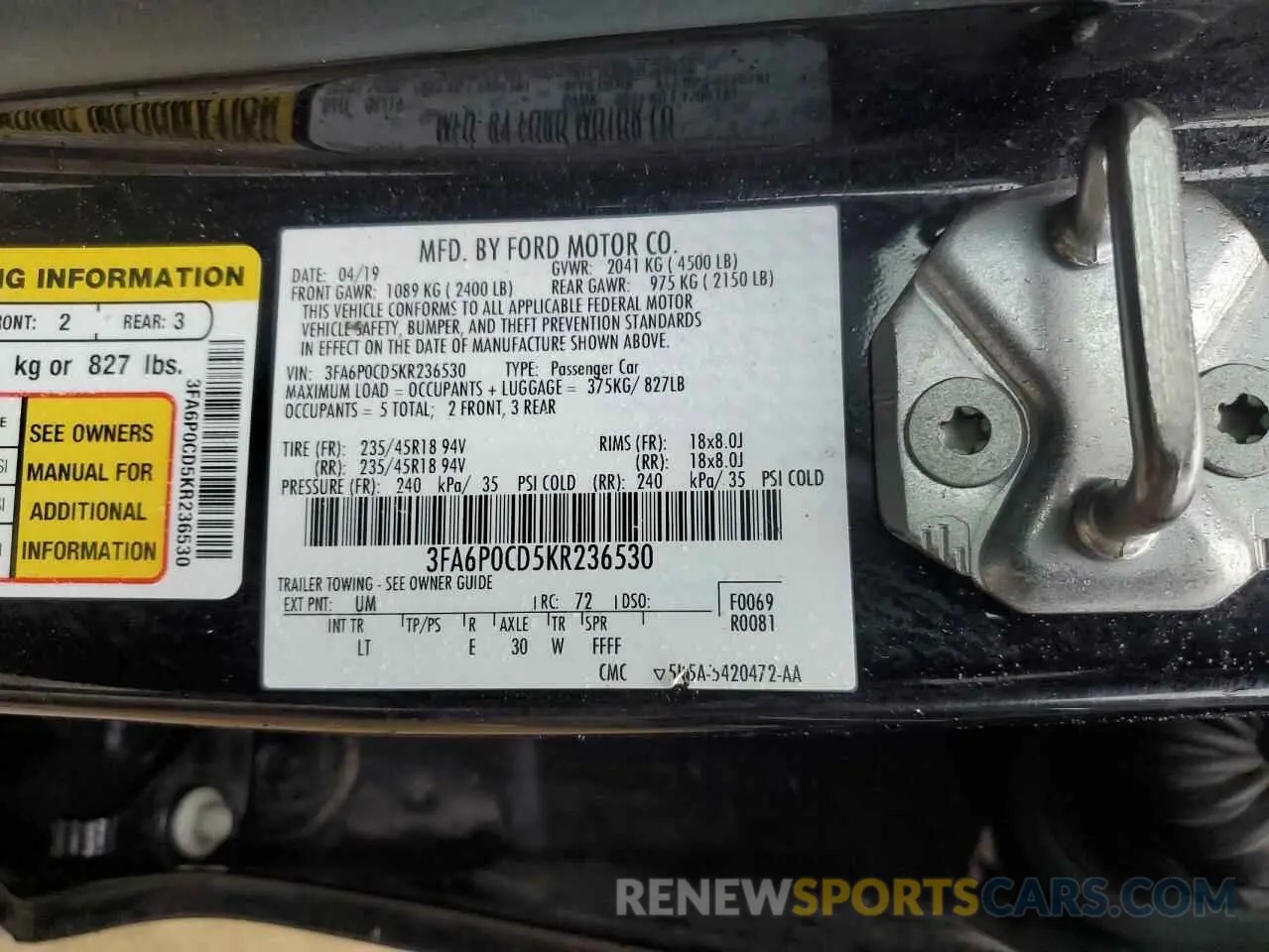 13 Photograph of a damaged car 3FA6P0CD5KR236530 FORD FUSION 2019