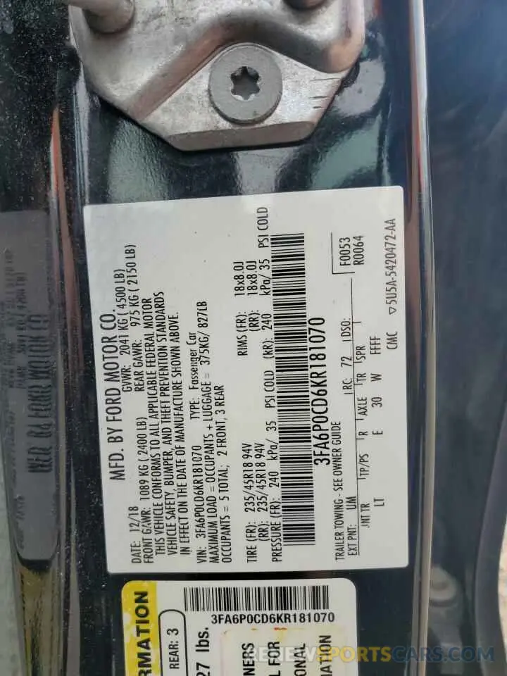 13 Photograph of a damaged car 3FA6P0CD6KR181070 FORD FUSION 2019