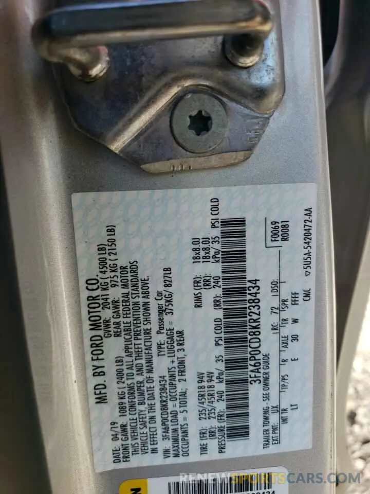 12 Photograph of a damaged car 3FA6P0CD8KR238434 FORD FUSION 2019