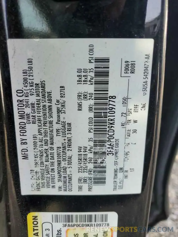 12 Photograph of a damaged car 3FA6P0CD9KR109778 FORD FUSION 2019