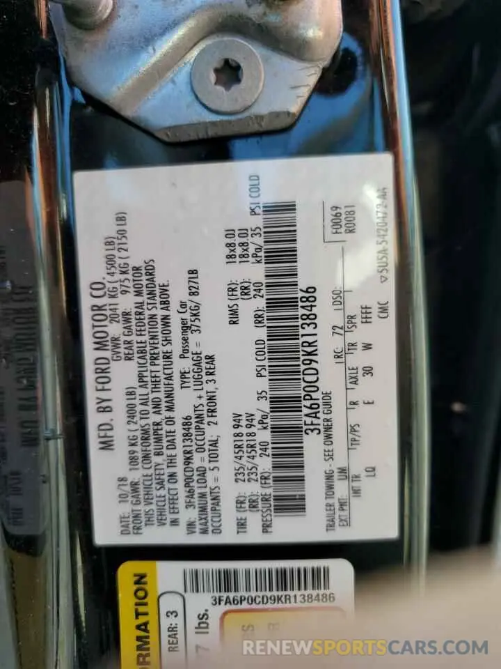 12 Photograph of a damaged car 3FA6P0CD9KR138486 FORD FUSION 2019