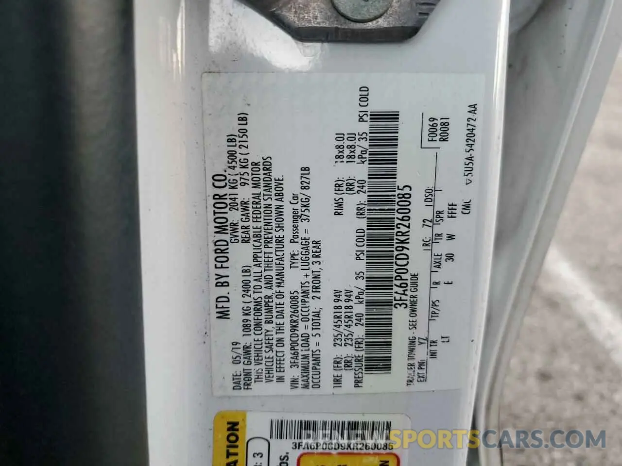 12 Photograph of a damaged car 3FA6P0CD9KR260085 FORD FUSION 2019
