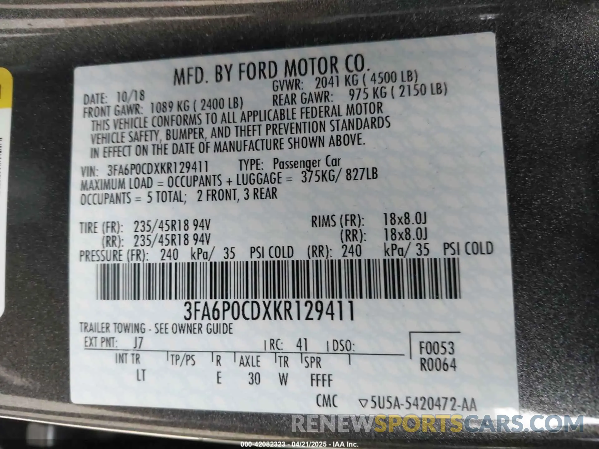 9 Photograph of a damaged car 3FA6P0CDXKR129411 FORD FUSION 2019