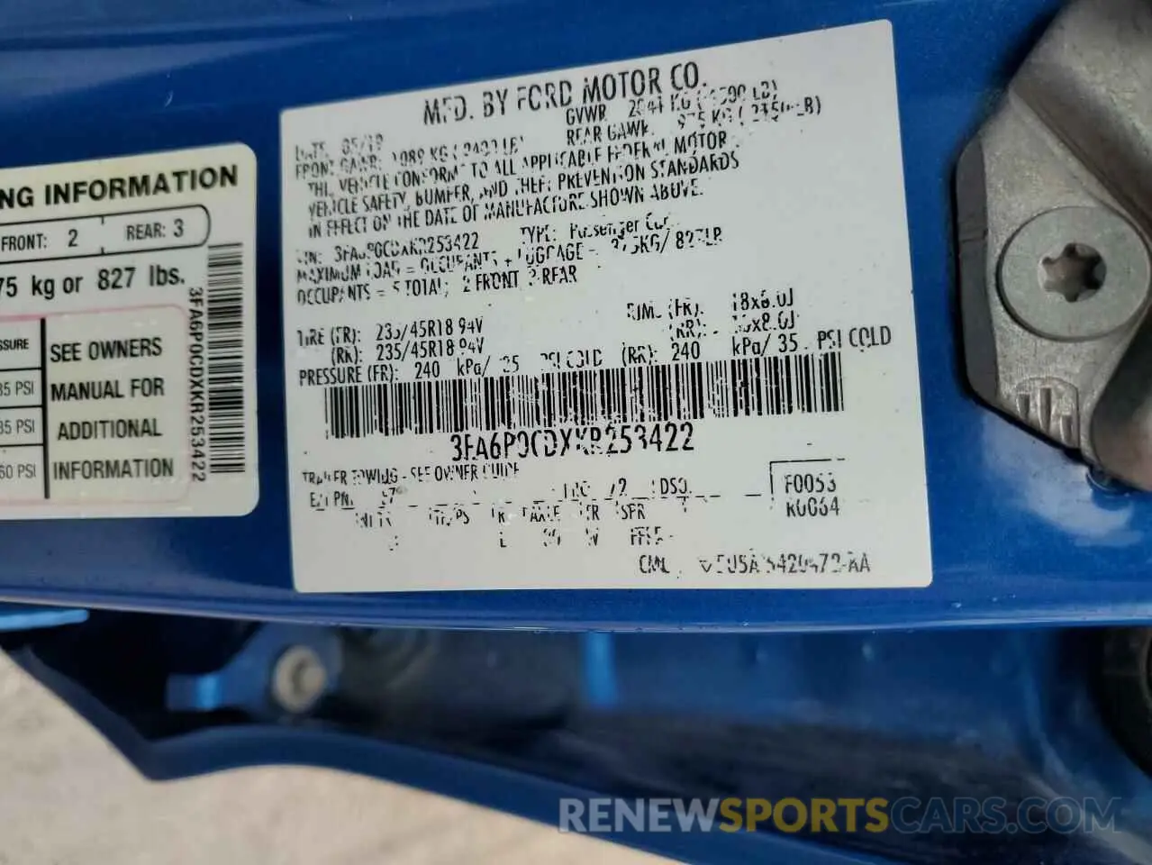 12 Photograph of a damaged car 3FA6P0CDXKR253422 FORD FUSION 2019