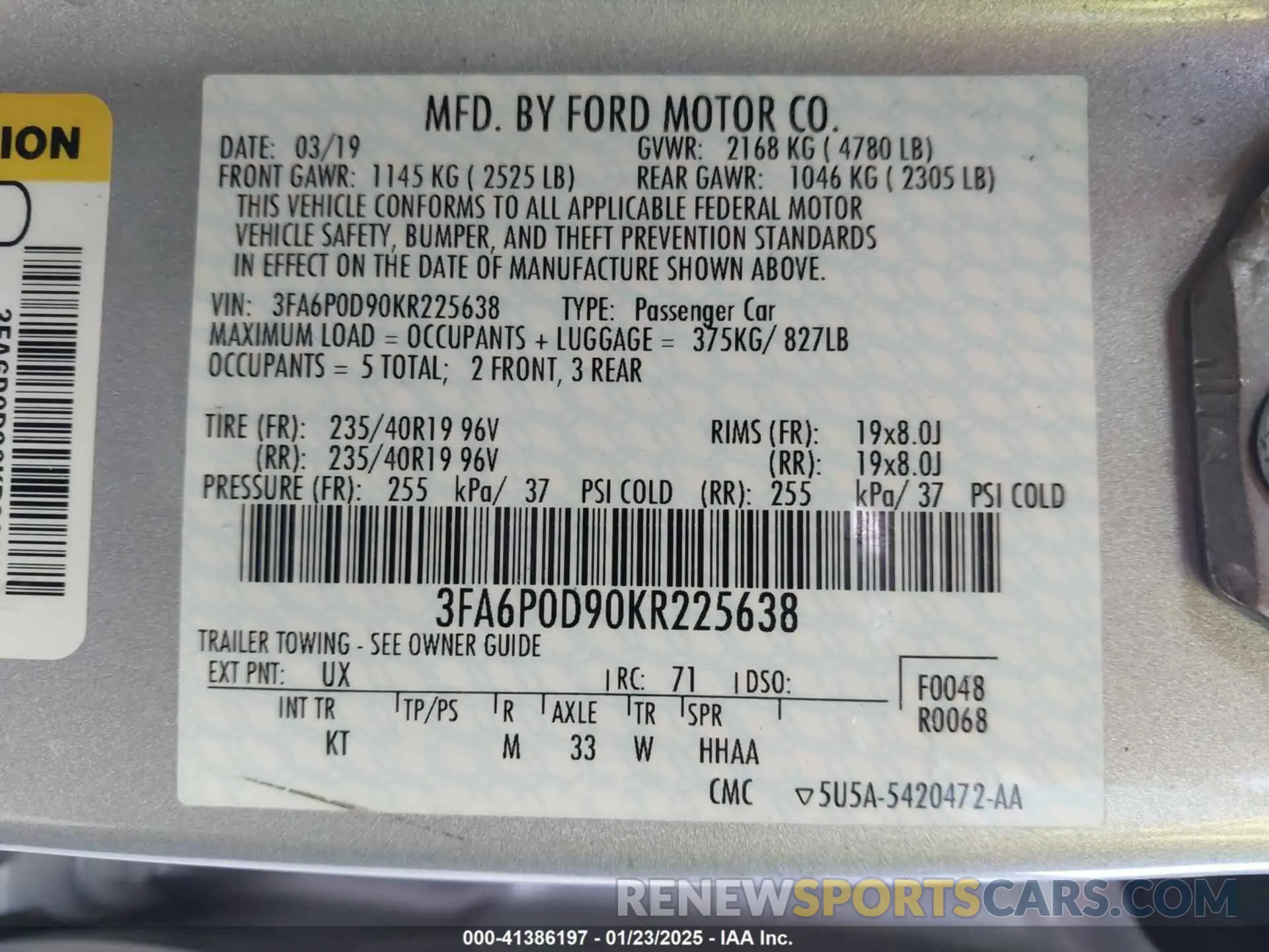 9 Photograph of a damaged car 3FA6P0D90KR225638 FORD FUSION 2019