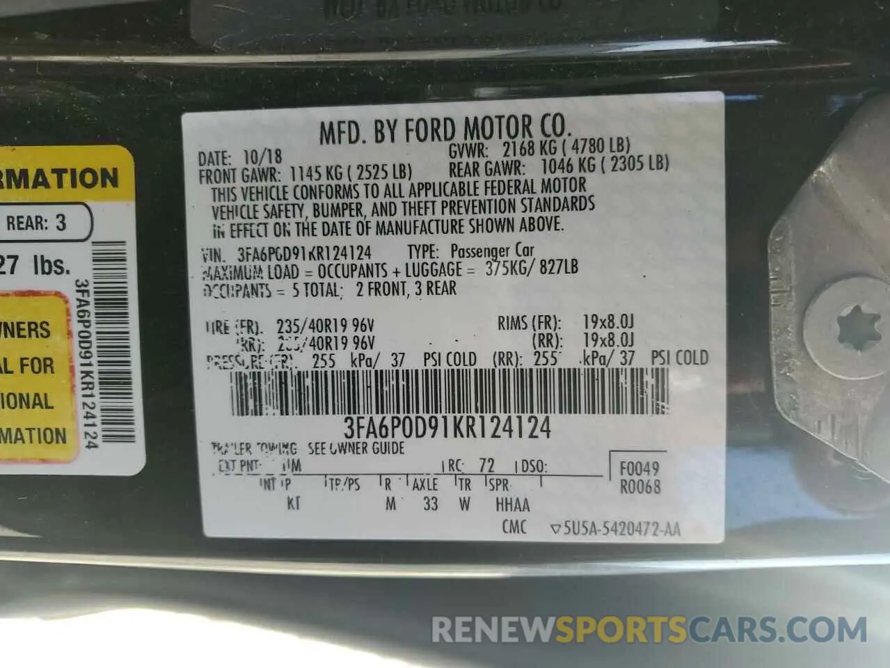 13 Photograph of a damaged car 3FA6P0D91KR124124 FORD FUSION 2019