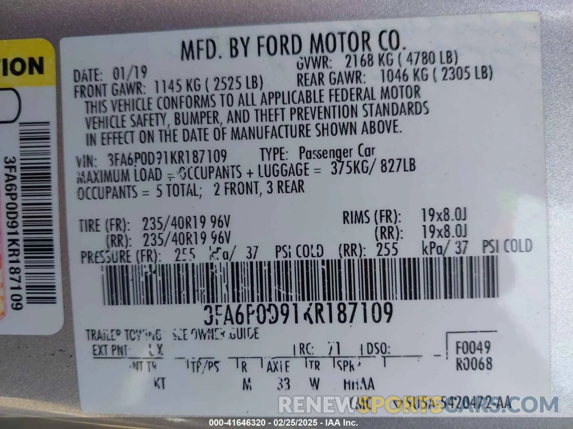 9 Photograph of a damaged car 3FA6P0D91KR187109 FORD FUSION 2019