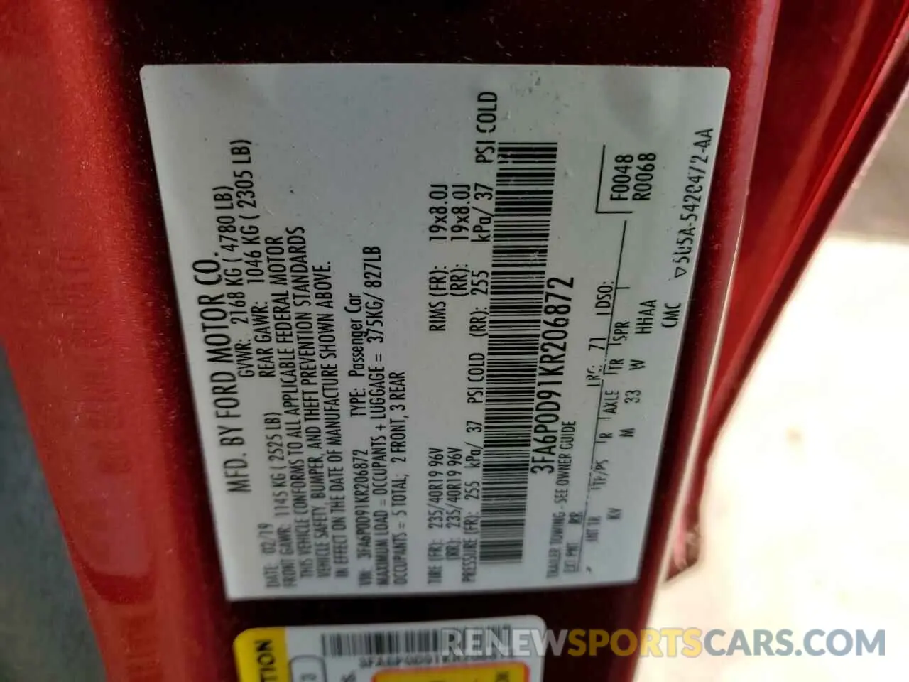 12 Photograph of a damaged car 3FA6P0D91KR206872 FORD FUSION 2019
