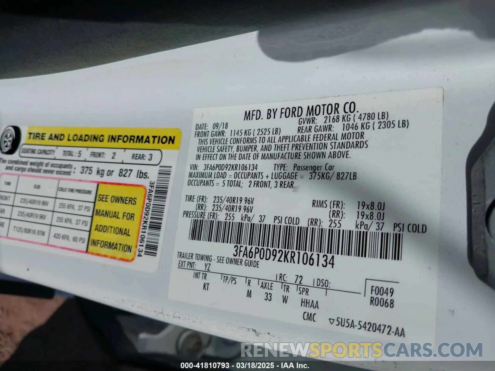 9 Photograph of a damaged car 3FA6P0D92KR106134 FORD FUSION 2019