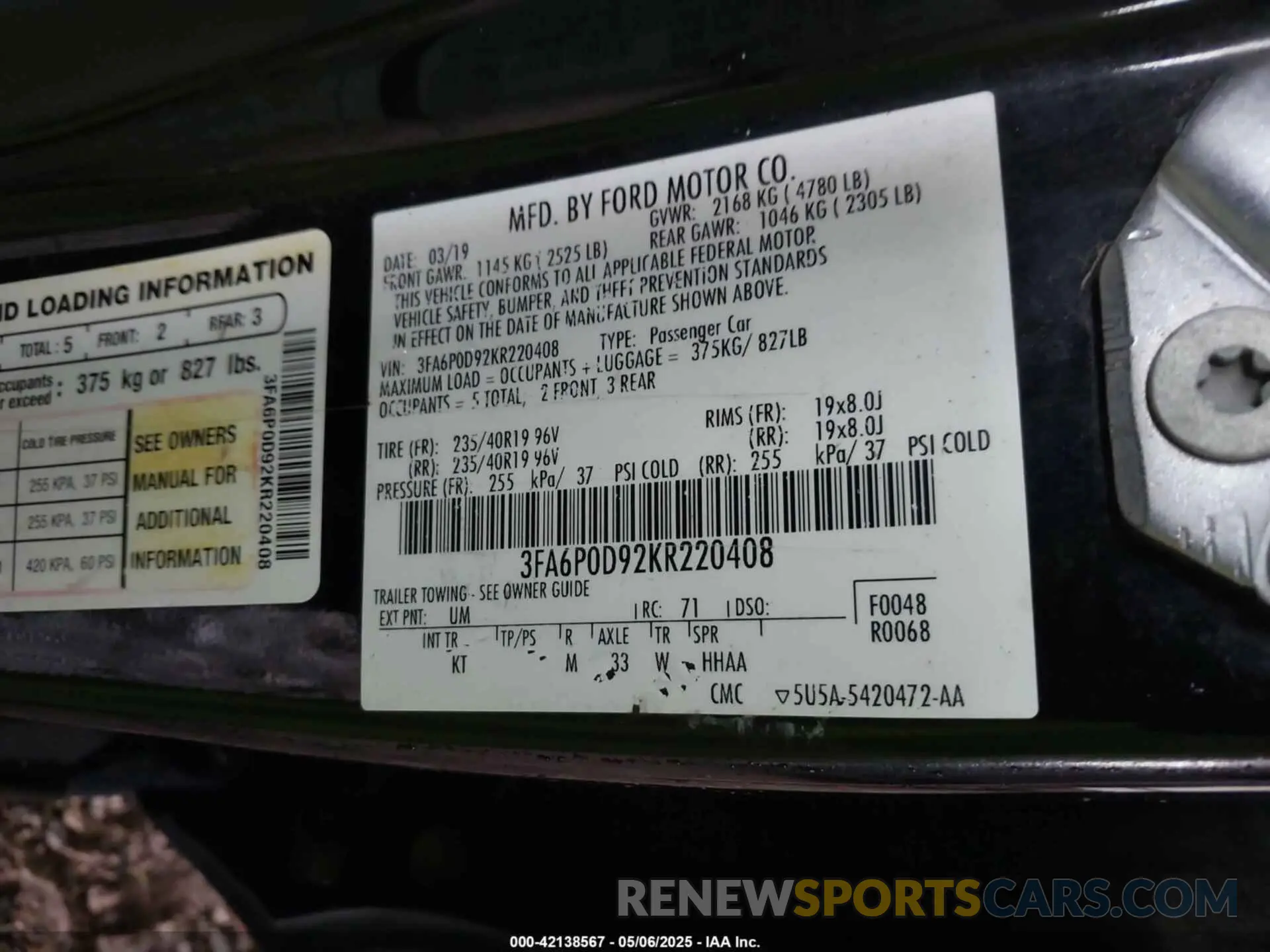 9 Photograph of a damaged car 3FA6P0D92KR220408 FORD FUSION 2019