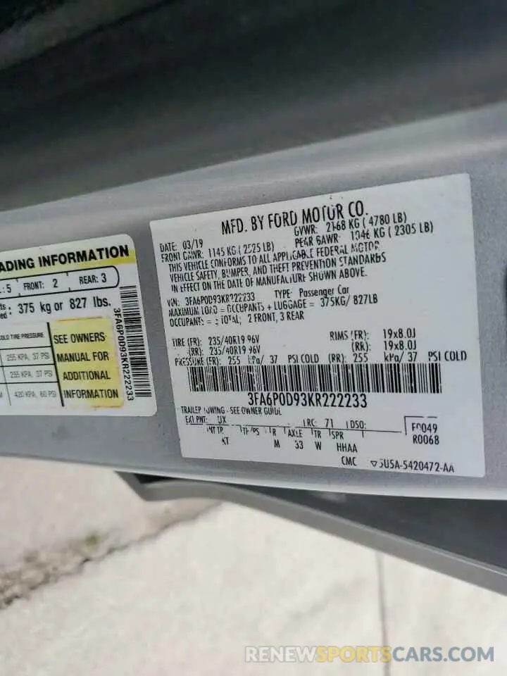 14 Photograph of a damaged car 3FA6P0D93KR222233 FORD FUSION 2019