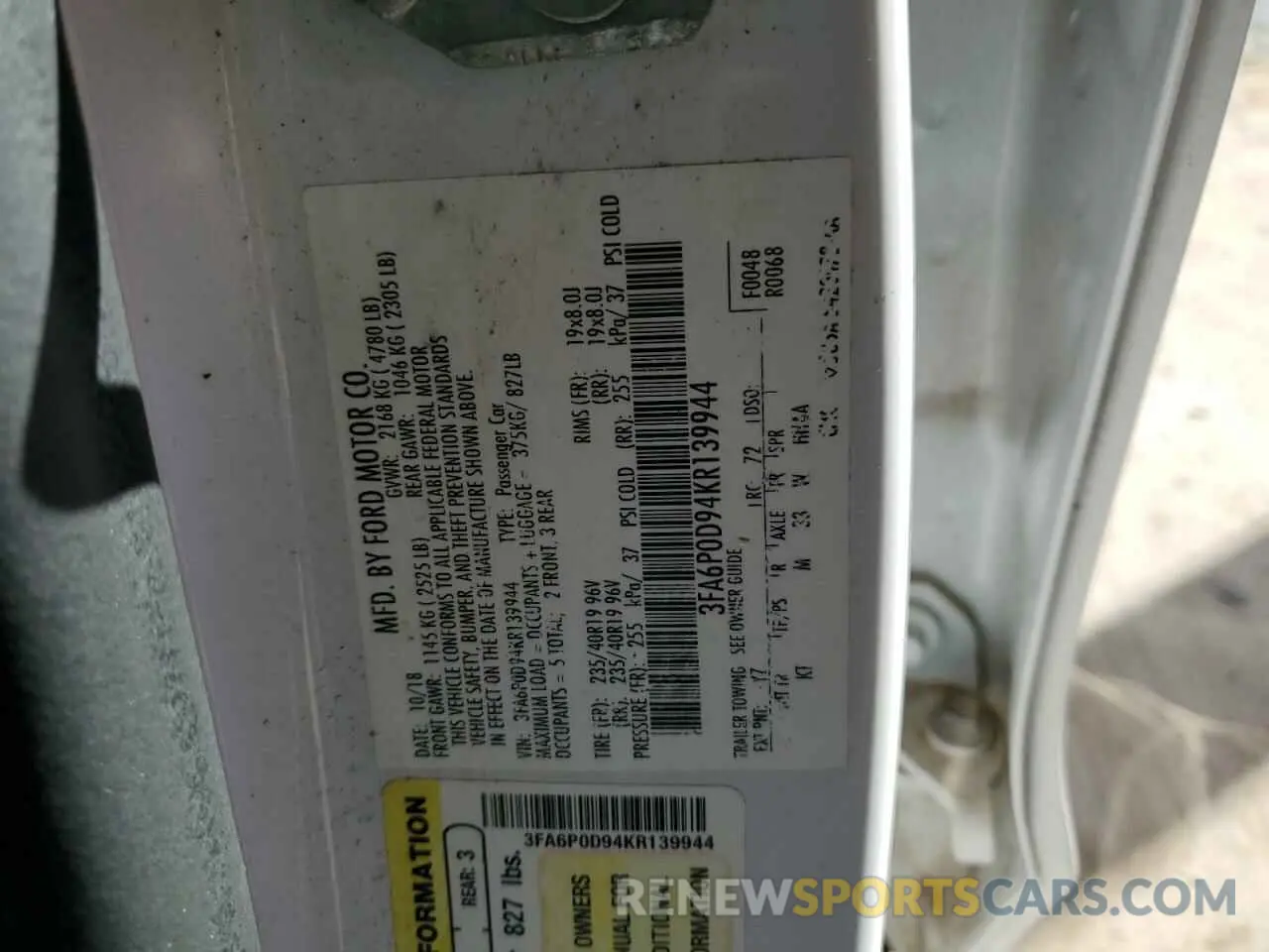 12 Photograph of a damaged car 3FA6P0D94KR139944 FORD FUSION 2019
