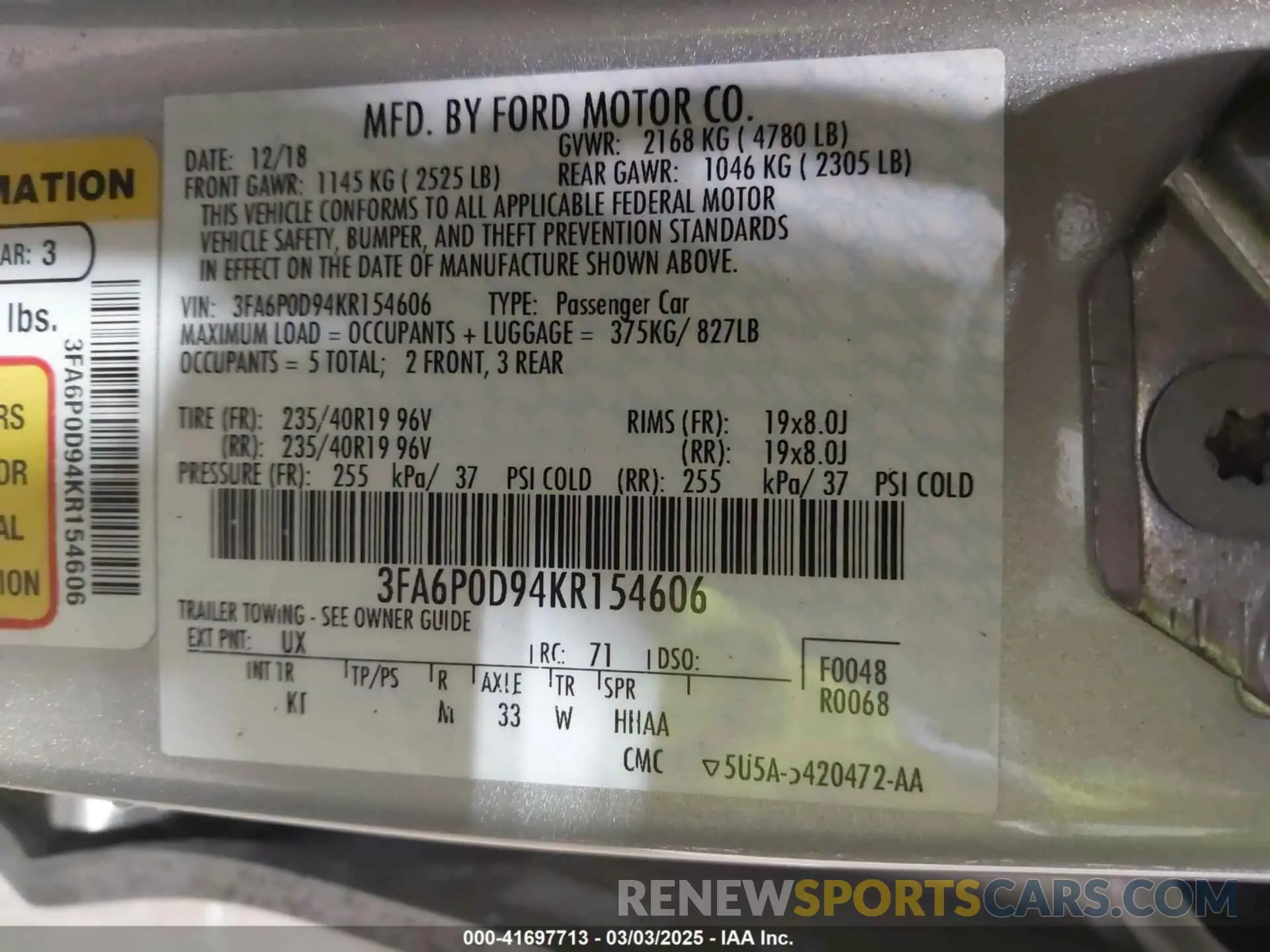 9 Photograph of a damaged car 3FA6P0D94KR154606 FORD FUSION 2019