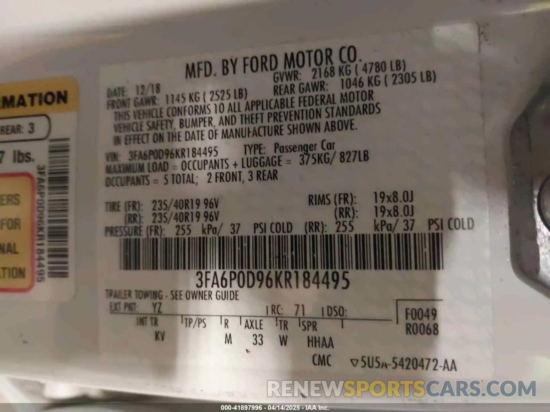 9 Photograph of a damaged car 3FA6P0D96KR184495 FORD FUSION 2019