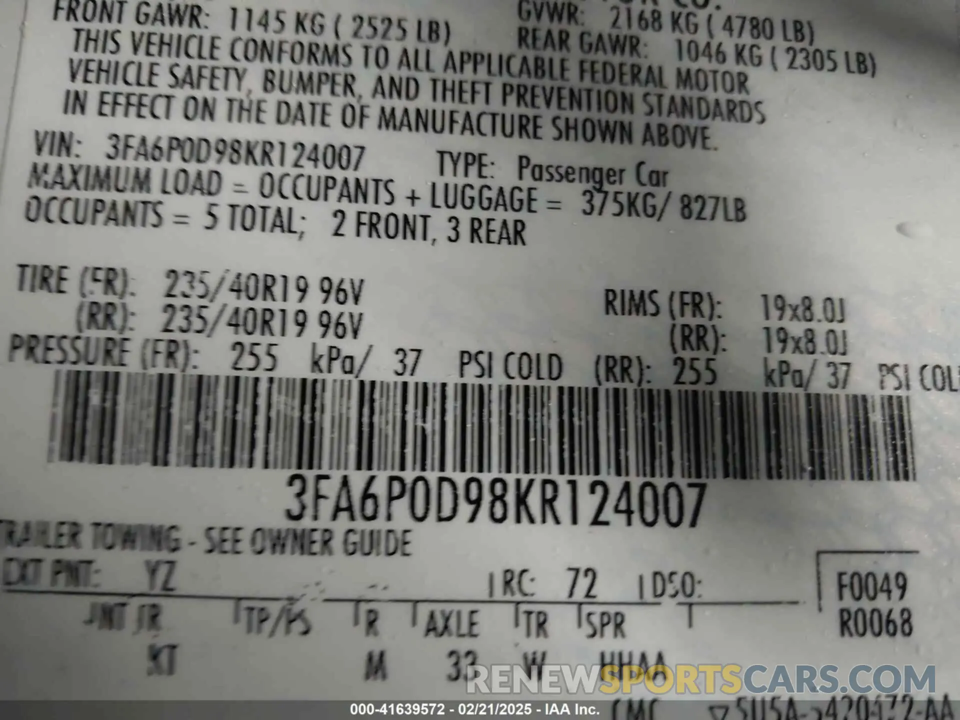 9 Photograph of a damaged car 3FA6P0D98KR124007 FORD FUSION 2019