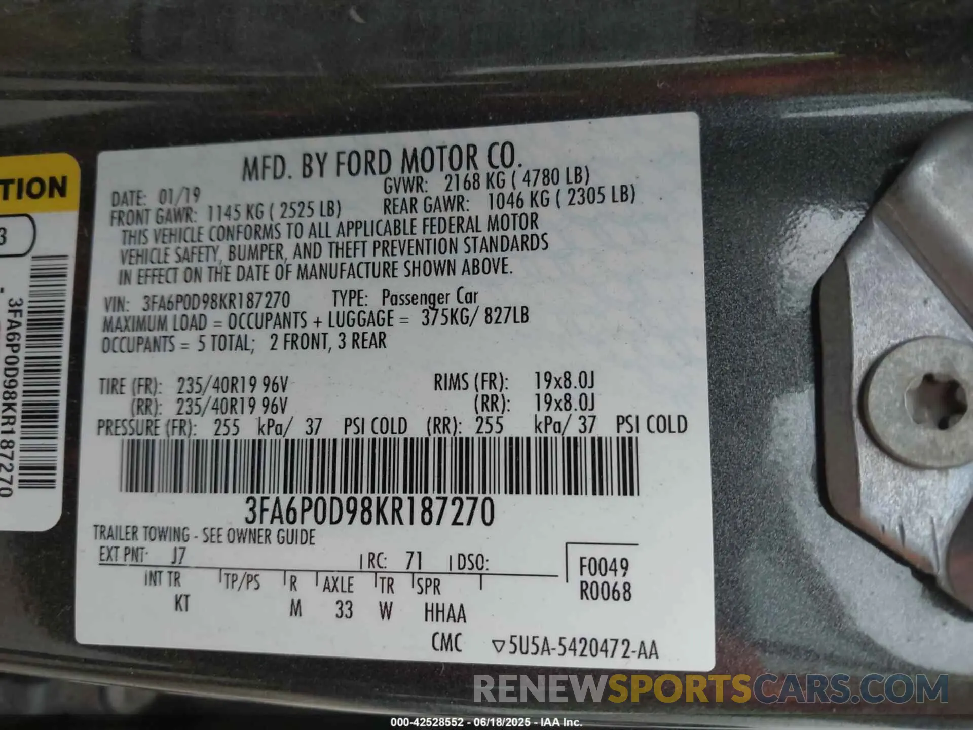 9 Photograph of a damaged car 3FA6P0D98KR187270 FORD FUSION 2019