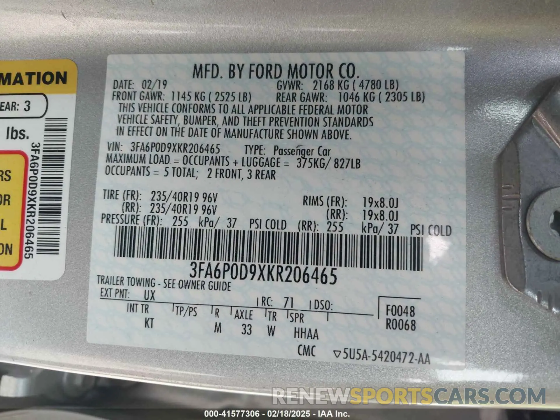 9 Photograph of a damaged car 3FA6P0D9XKR206465 FORD FUSION 2019