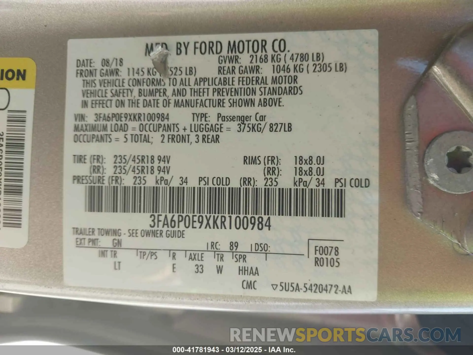9 Photograph of a damaged car 3FA6P0E9XKR100984 FORD FUSION 2019