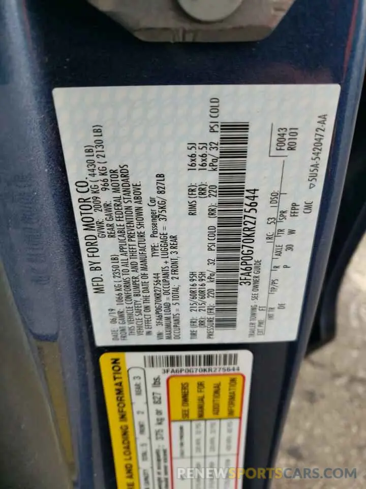 12 Photograph of a damaged car 3FA6P0G70KR275644 FORD FUSION 2019