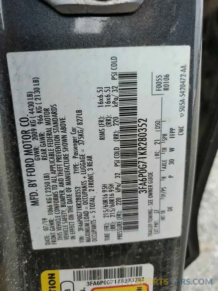 12 Photograph of a damaged car 3FA6P0G71KR280352 FORD FUSION 2019