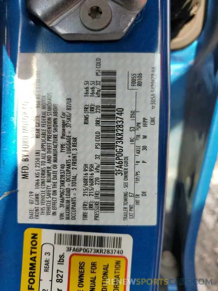 14 Photograph of a damaged car 3FA6P0G73KR283740 FORD FUSION 2019