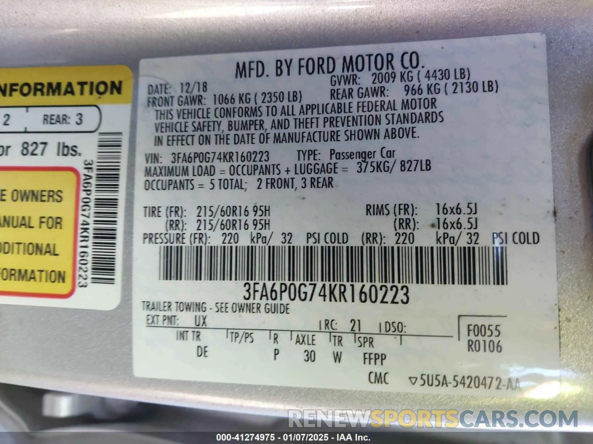 9 Photograph of a damaged car 3FA6P0G74KR160223 FORD FUSION 2019