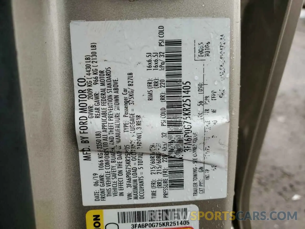 12 Photograph of a damaged car 3FA6P0G75KR251405 FORD FUSION 2019