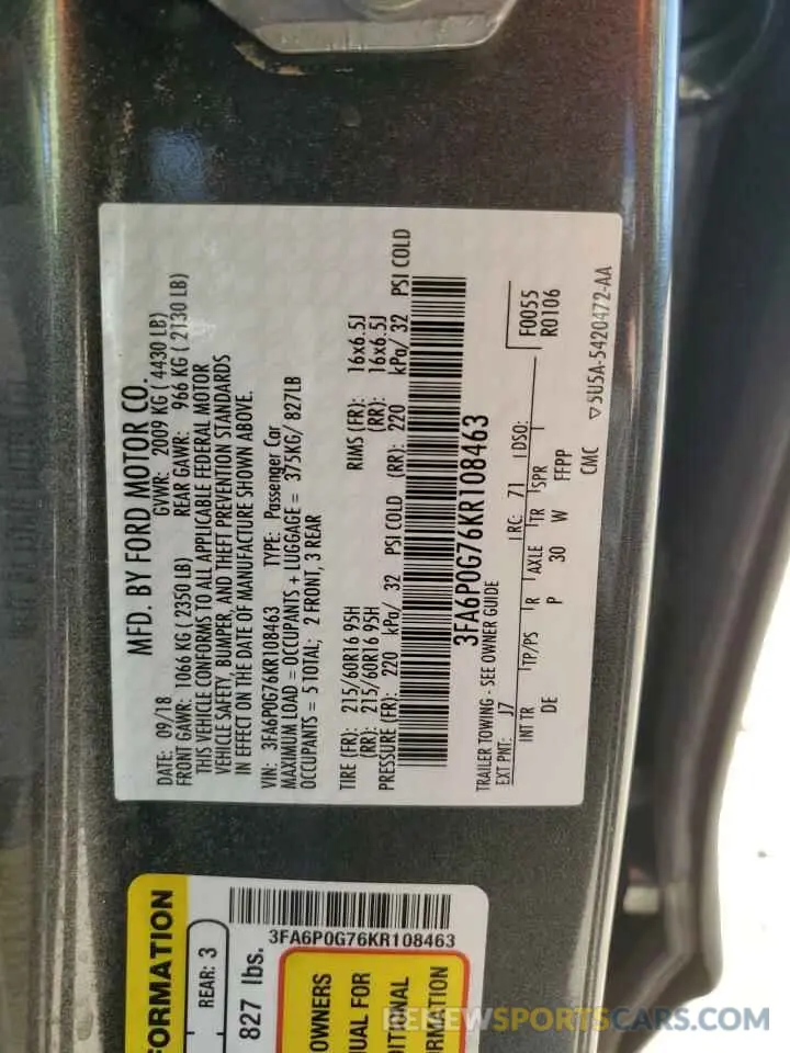 12 Photograph of a damaged car 3FA6P0G76KR108463 FORD FUSION 2019
