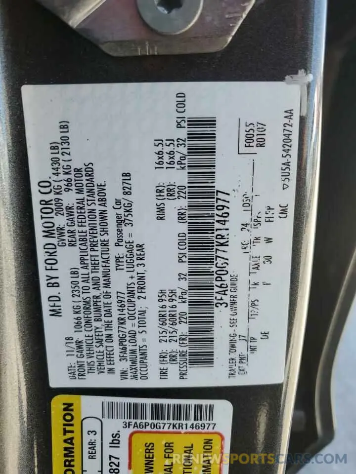 12 Photograph of a damaged car 3FA6P0G77KR146977 FORD FUSION 2019