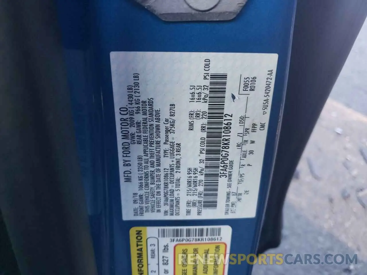 12 Photograph of a damaged car 3FA6P0G78KR108612 FORD FUSION 2019