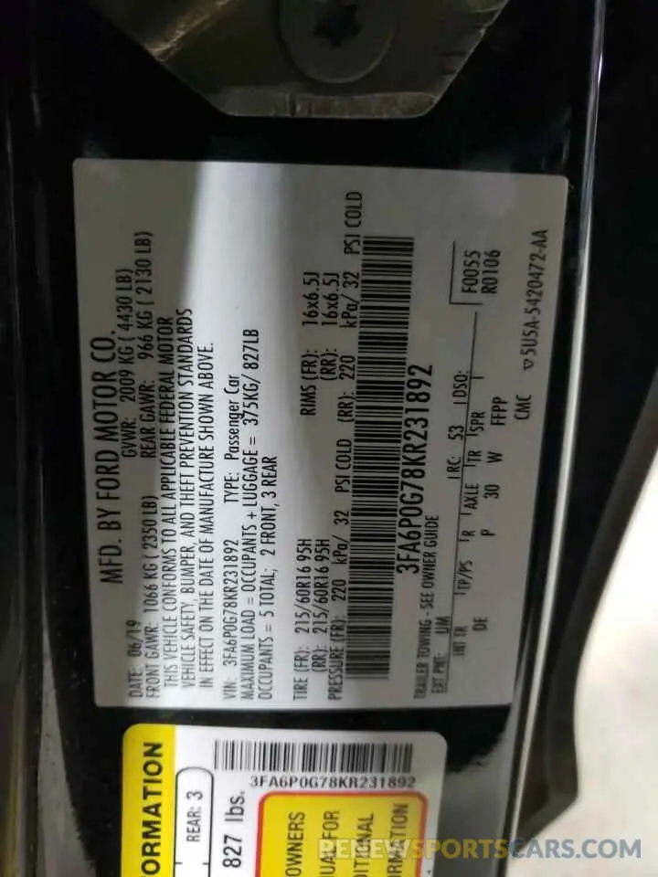 12 Photograph of a damaged car 3FA6P0G78KR231892 FORD FUSION 2019