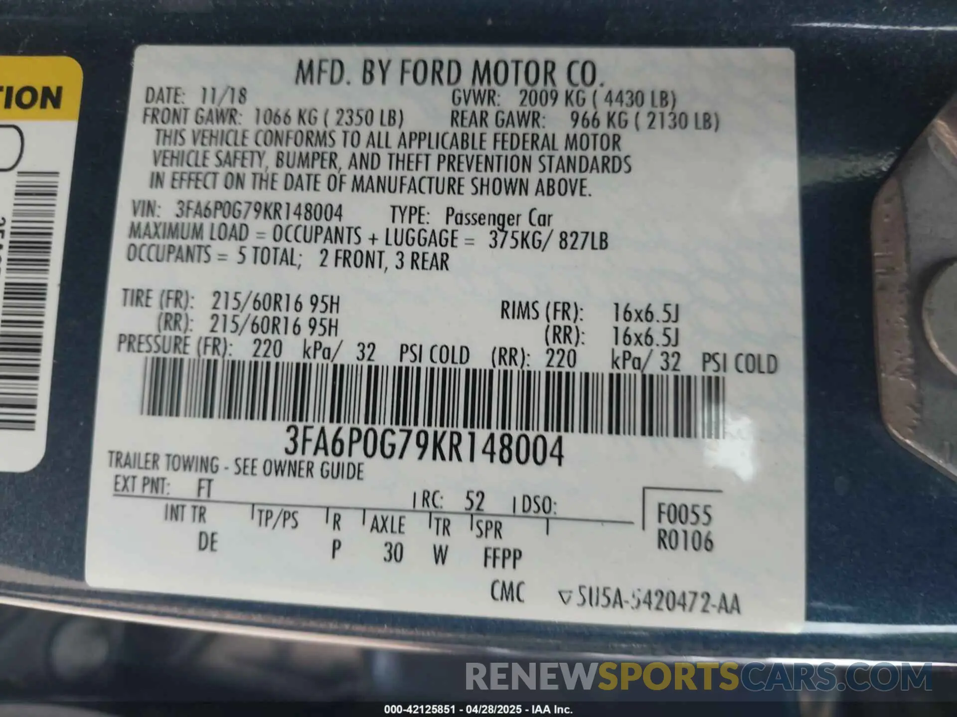 9 Photograph of a damaged car 3FA6P0G79KR148004 FORD FUSION 2019