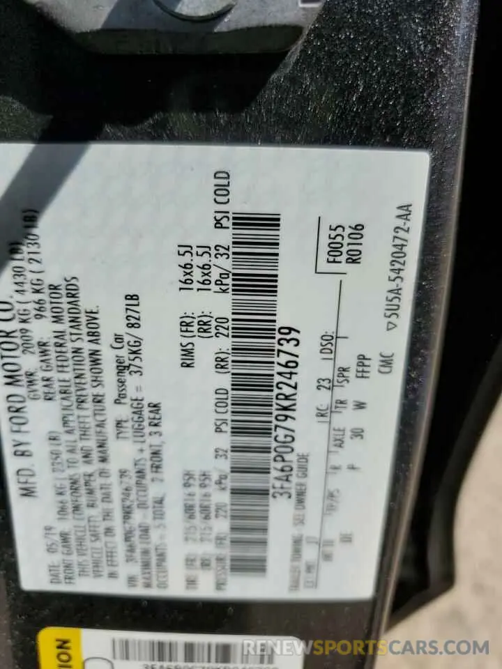 13 Photograph of a damaged car 3FA6P0G79KR246739 FORD FUSION 2019