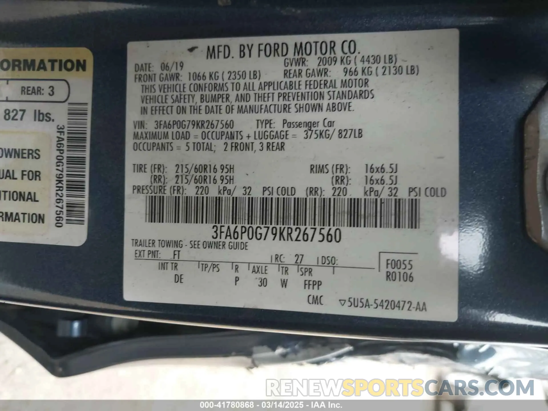 9 Photograph of a damaged car 3FA6P0G79KR267560 FORD FUSION 2019