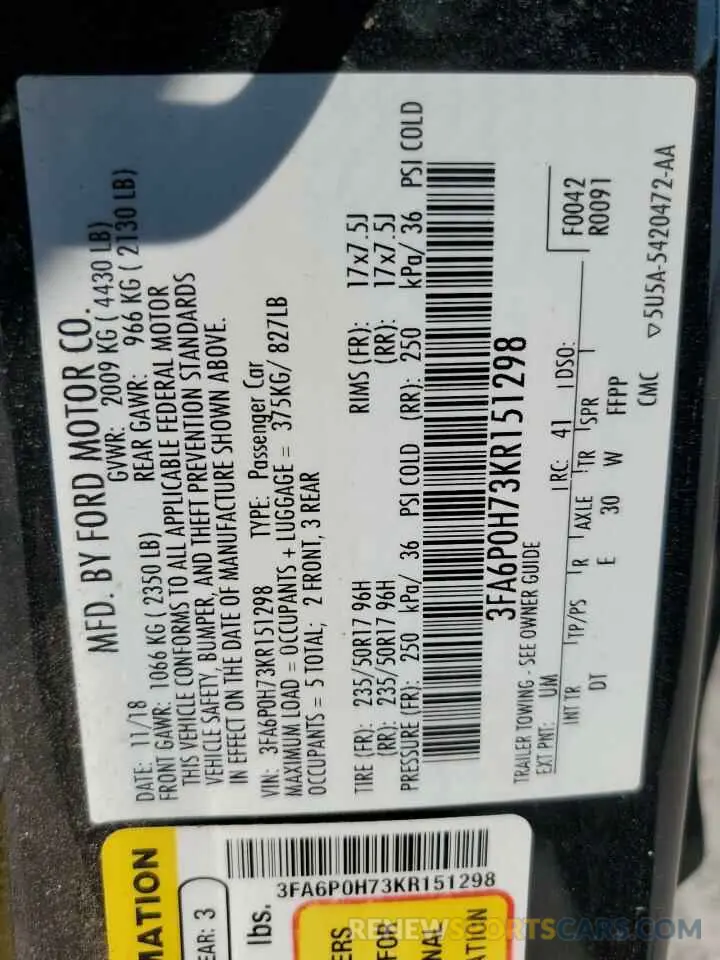 12 Photograph of a damaged car 3FA6P0H73KR151298 FORD FUSION 2019