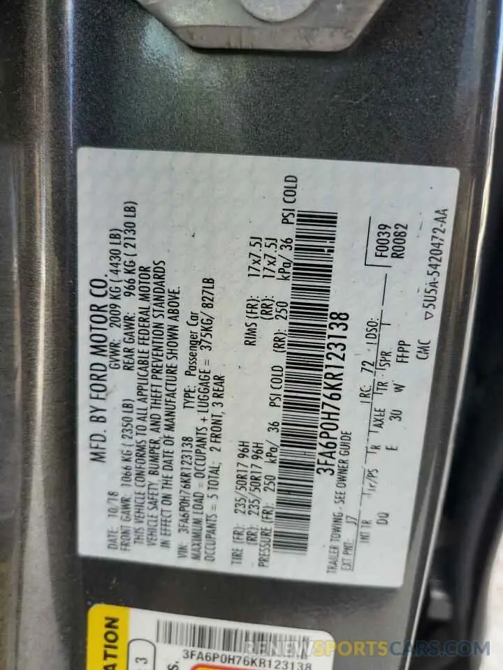 12 Photograph of a damaged car 3FA6P0H76KR123138 FORD FUSION 2019